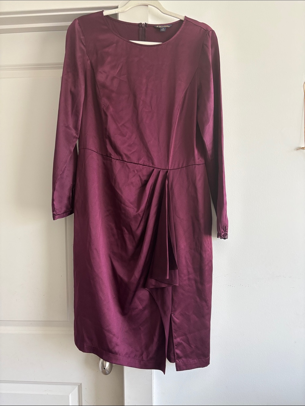 Brooks Brothers Silk Burgundy Long Sleeve Draped Pleated Front Dress